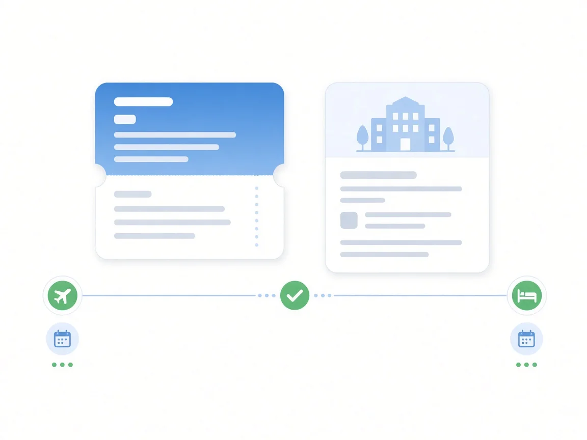 Flight reservation card and hotel booking card linked by a timeline with matching arrival and departure dates